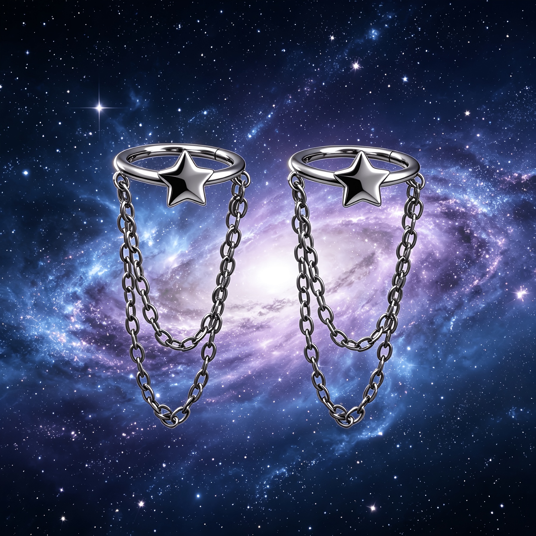 2pcs Y2K Star Chain Drop Hoop Earrings, Trendy Unisex Jewelry